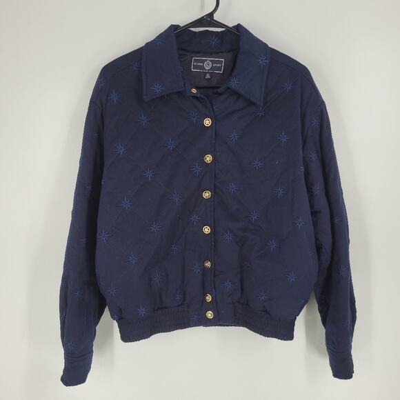 St John Sport Navy Blue Embriodered Button Down Bomber Jacket M - Picture 1 of 7